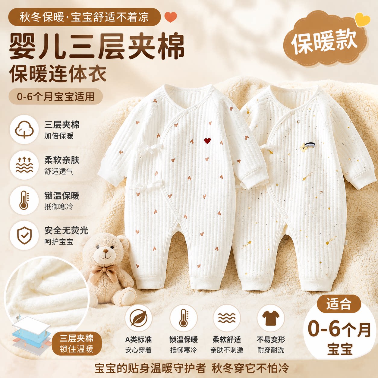 新生的儿衣服秋冬保暖连体衣0-6纯棉a类刚出生婴儿哈衣爬服家居服
