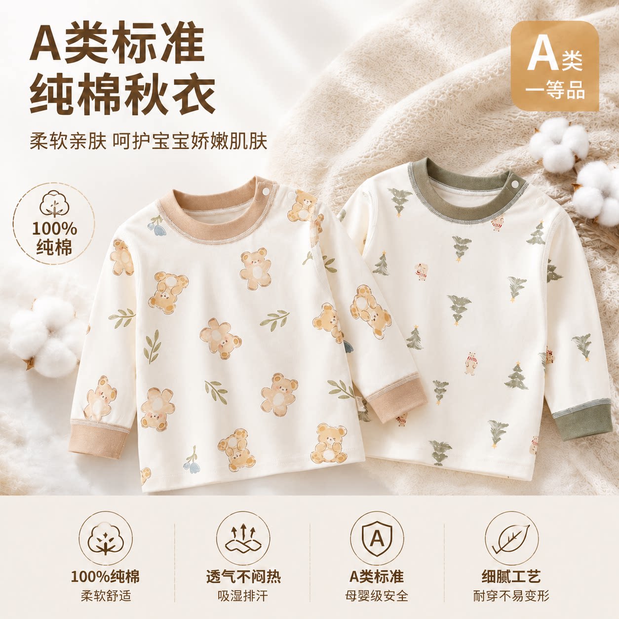 婴儿衣服上衣纯棉秋季长袖打底内衣按扣四季款宝宝贴身睡衣春装
