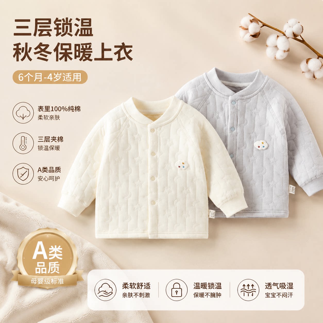 婴儿外套夹棉上衣秋冬开衫纯棉保暖夹棉外套宝宝上衣秋冬宝宝衣服