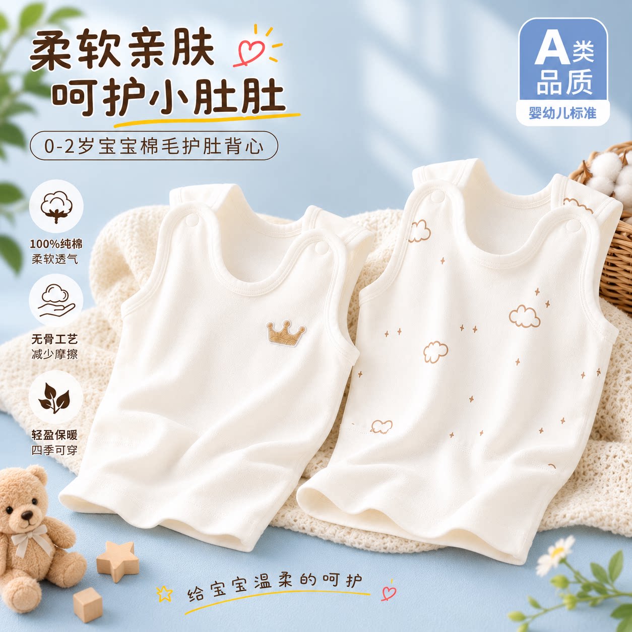 婴儿背心护肚子防着凉纯棉A类秋季高腰护肚贴身宝宝小背心四季款