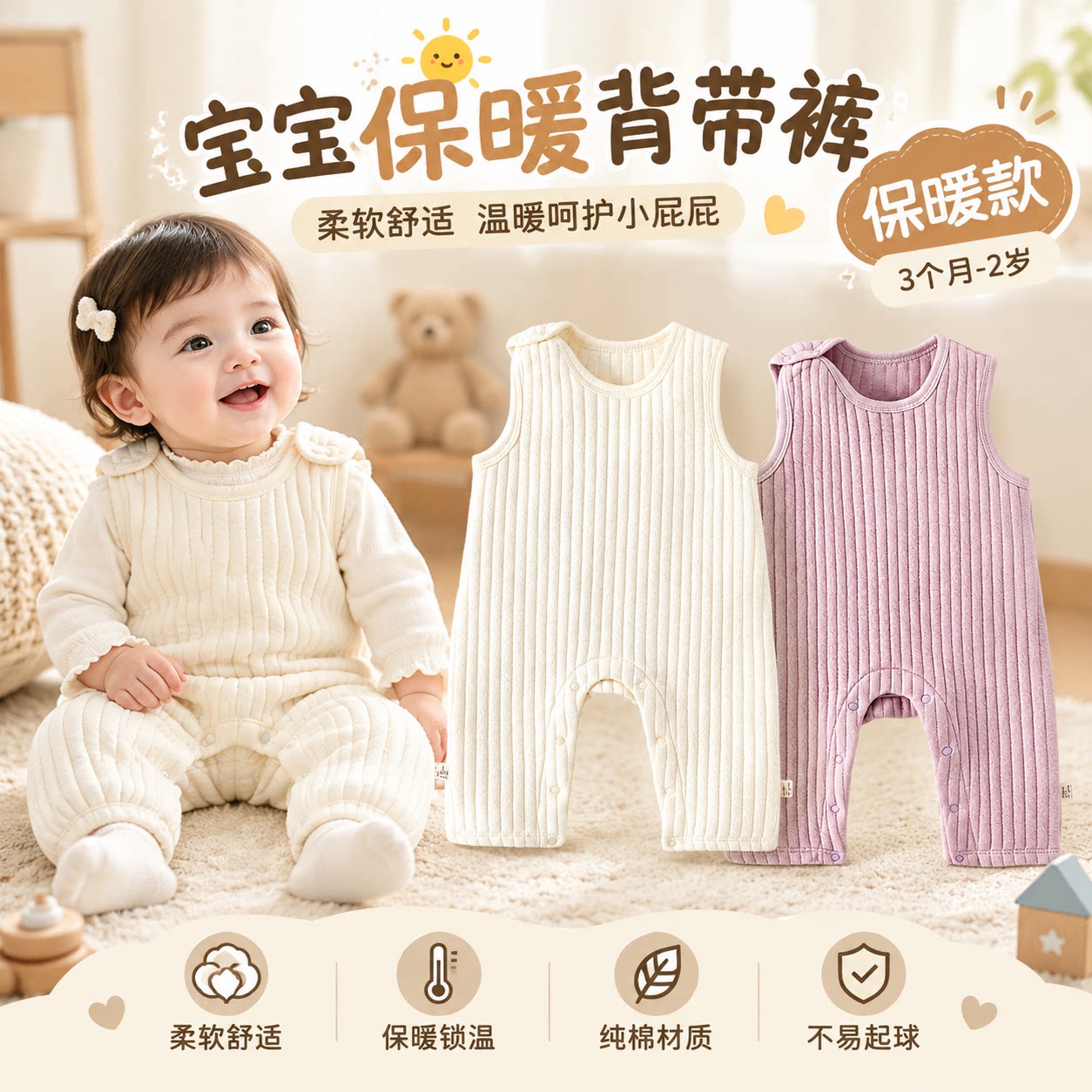 婴儿背带裤秋冬款宝宝夹棉裤子秋季按扣保暖纯棉秋天外穿女宝秋装