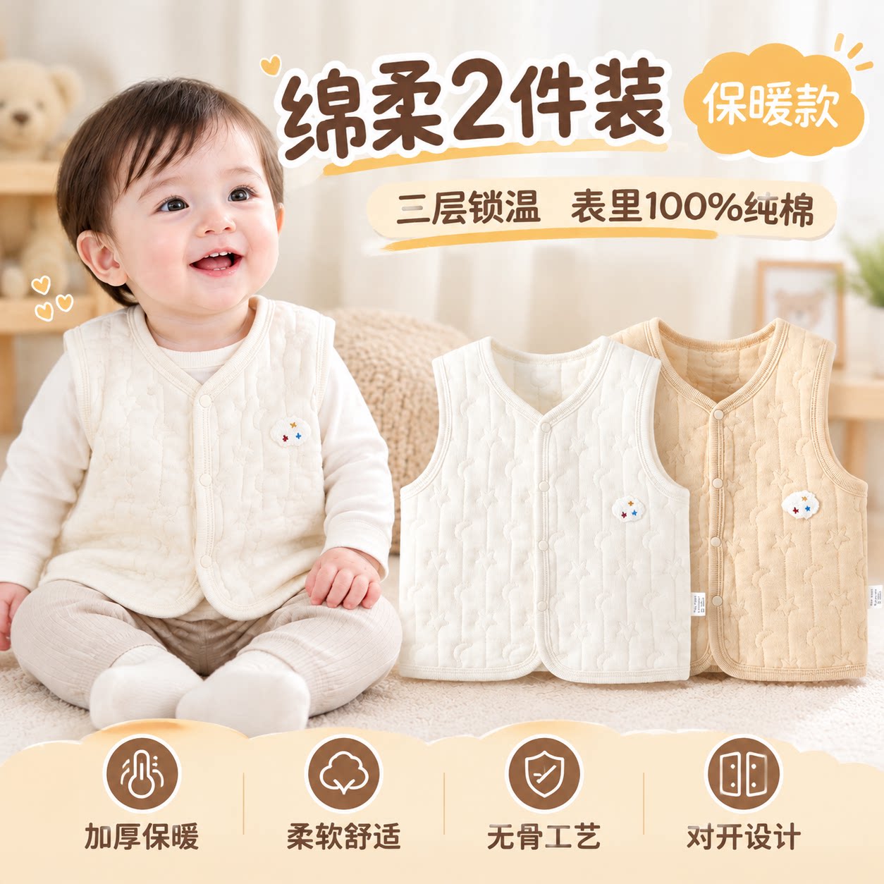 婴儿马甲秋冬款男女宝宝衣服保暖加厚夹棉马甲背心洋气小坎肩外穿