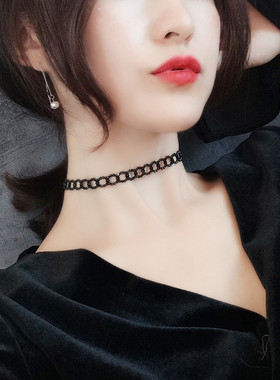 日韩颈链网红性感黑色choker颈带chic蕾丝项链锁骨链女天然尖晶石