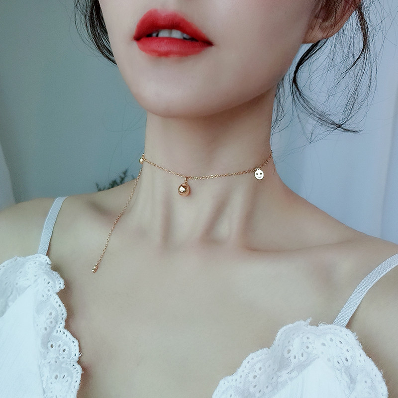 法式超仙脖颈链夏天配饰百搭铃铛锁骨链精致笑脸项链女小众设计感