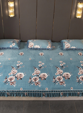 水晶绒床盖加大榻榻米套罩垫炕盖夹棉绗缝床单防滑加厚一面床裙