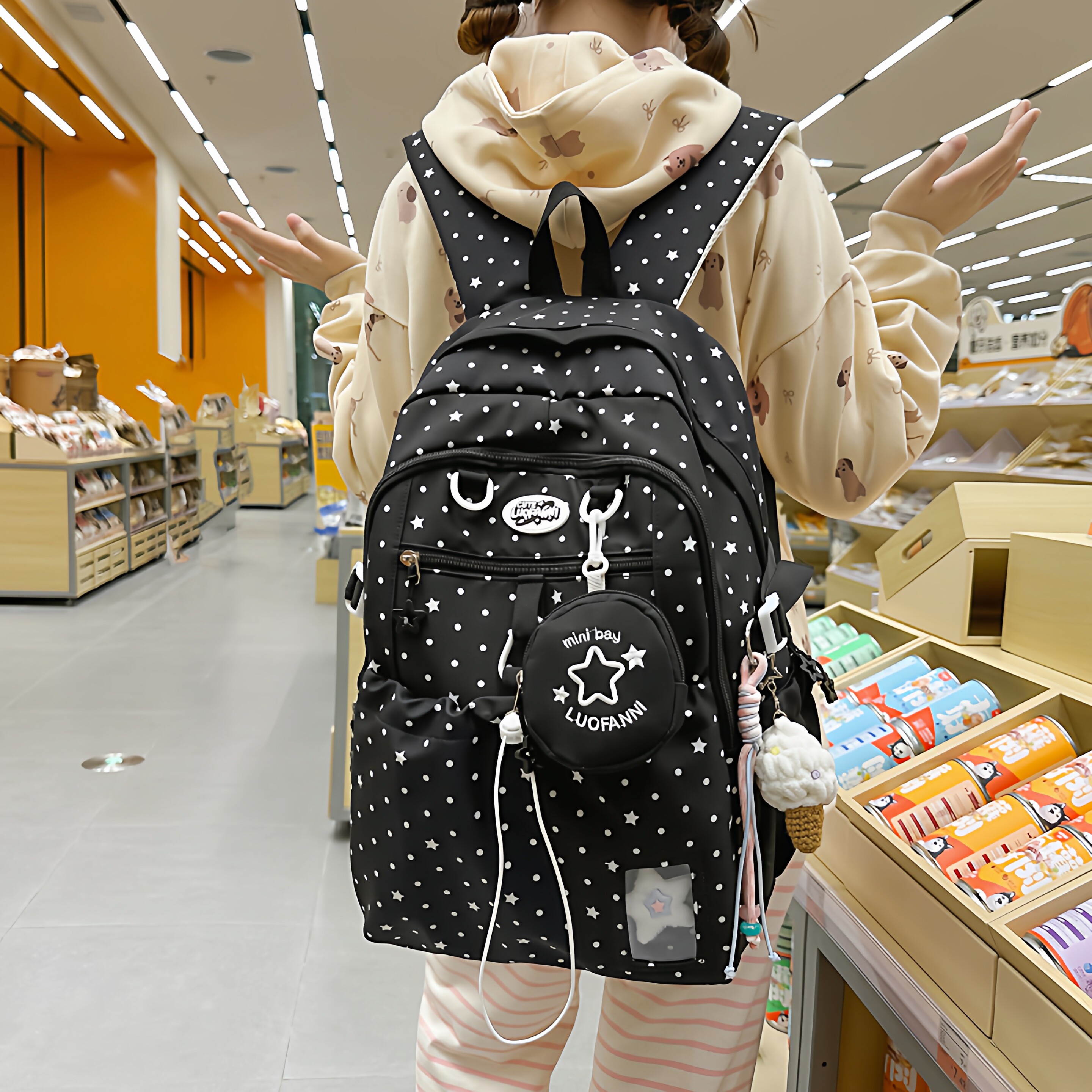 青春少女风星星波点双肩包女学生日常大容量可爱背包初中生