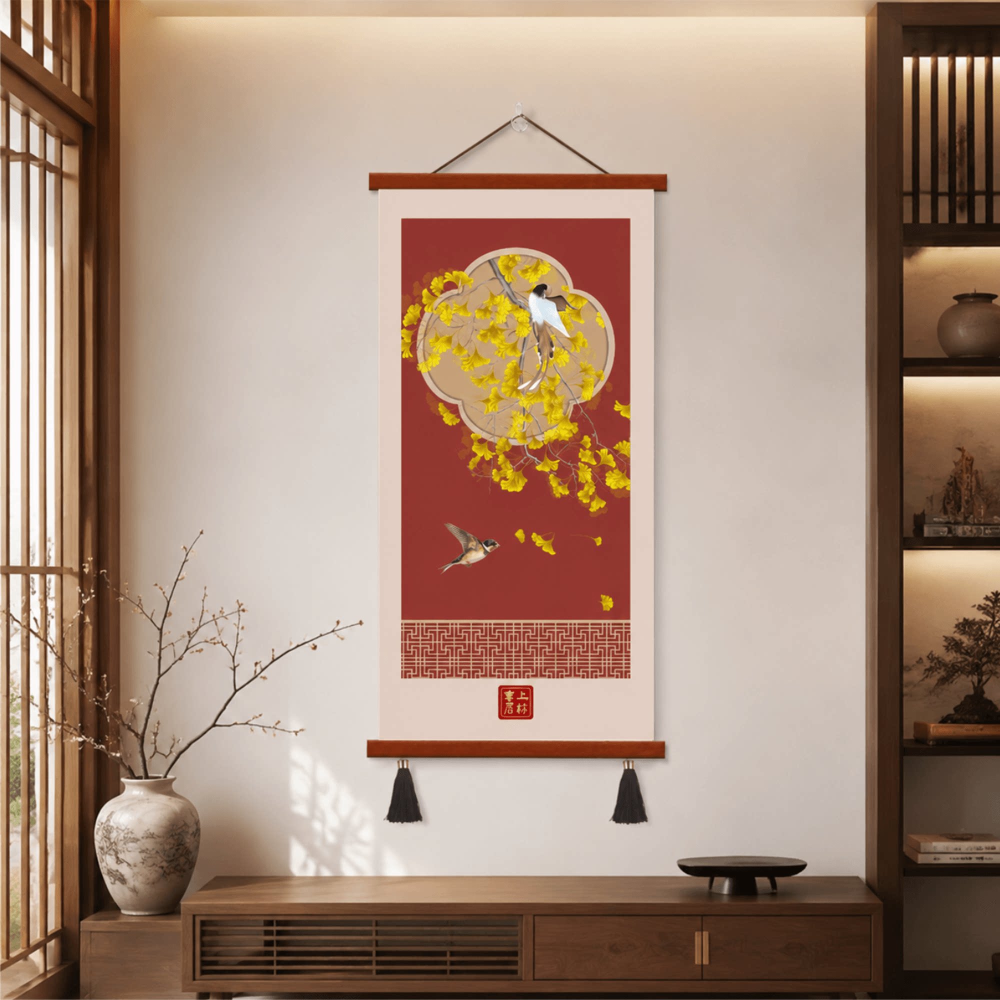 新中式轻奢银杏花鸟玄关装饰画客厅书房竖版挂画餐厅墙面装饰壁画