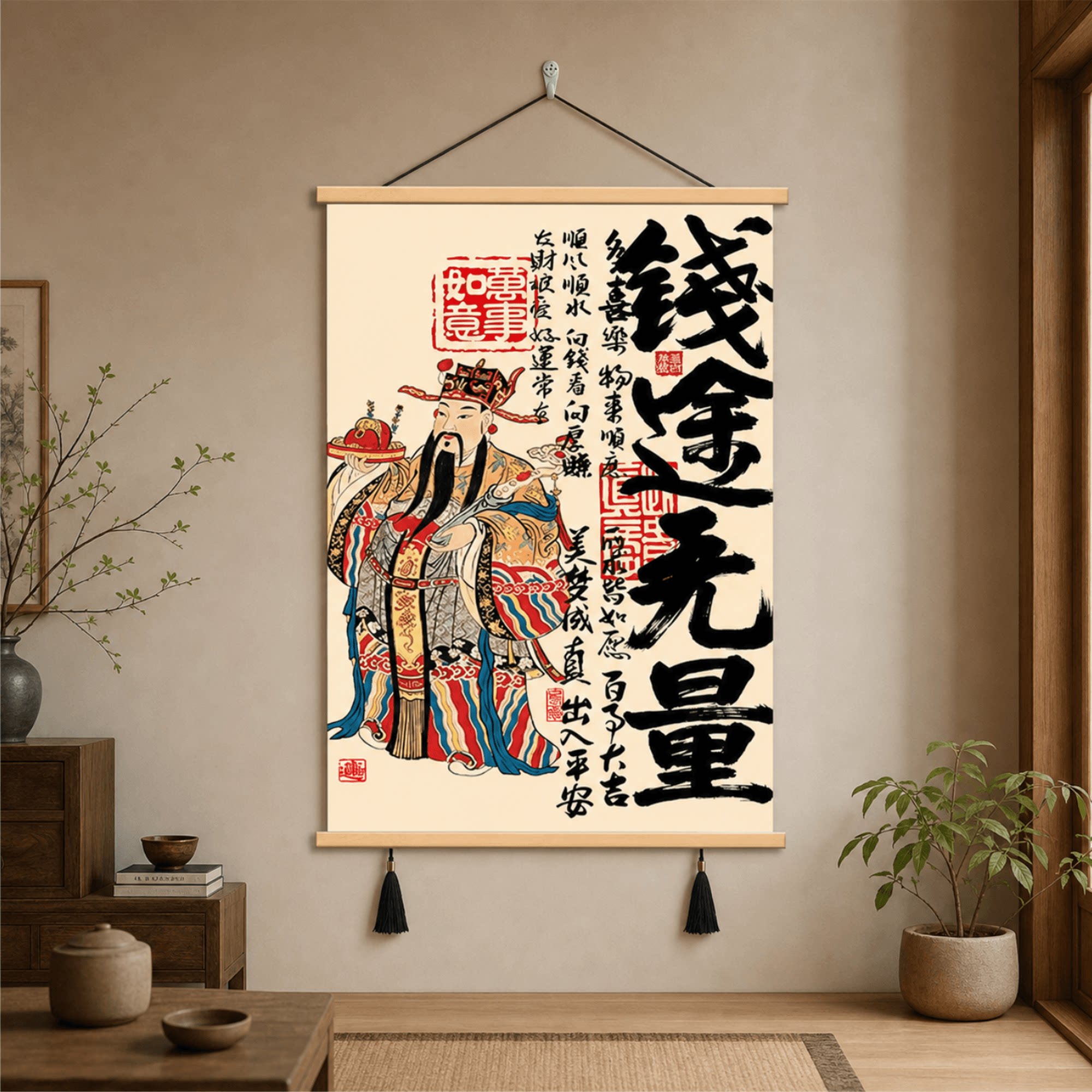 新中式财神爷钱途无量书法装饰挂画玄关客厅入户走廊招财风水壁画