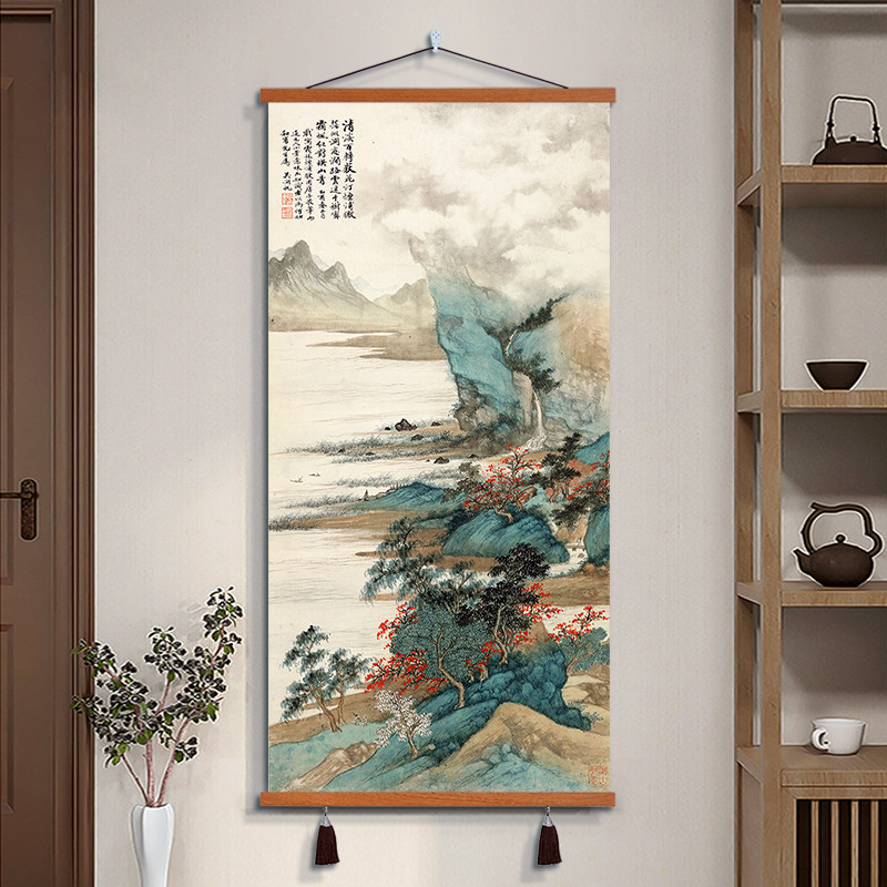 入户门玄关挂画纳福迎祥山水画古风国画竖版新中式客厅背景装饰画_虎窝淘