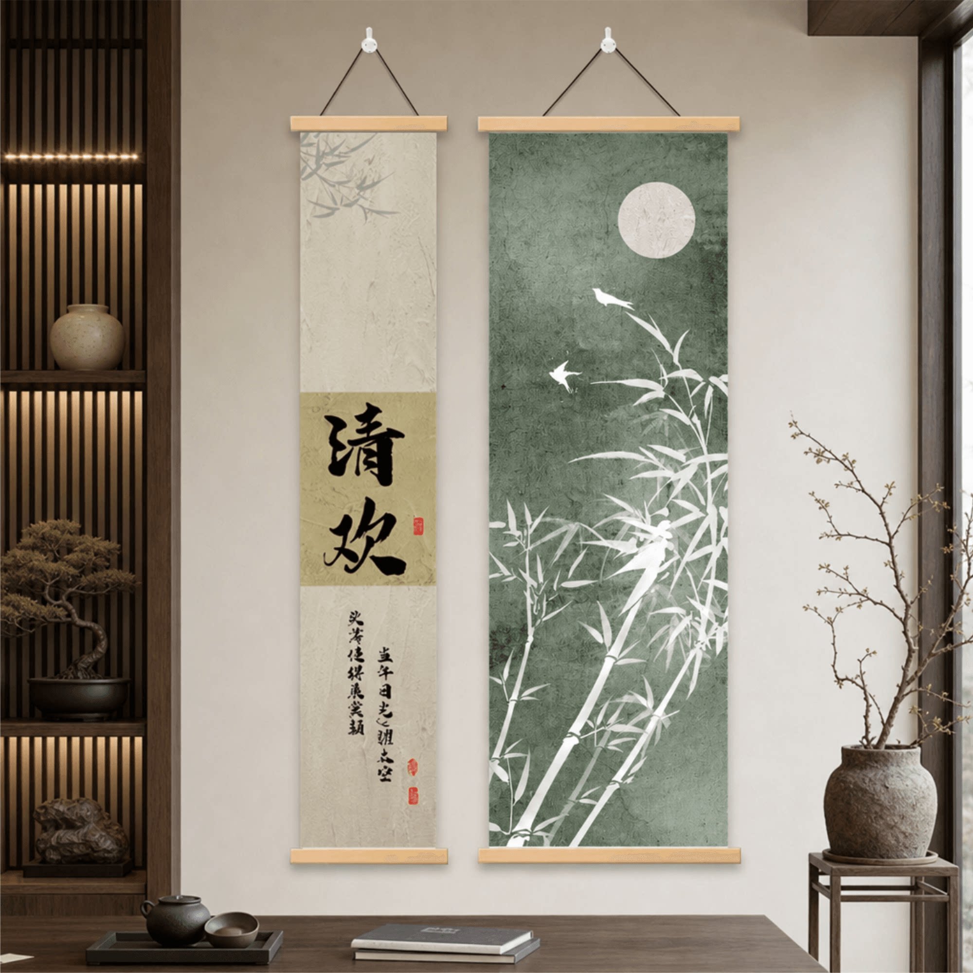 新中式清欢竹子月亮装饰画客厅玄关茶室背景墙竖版挂画简约禅意风
