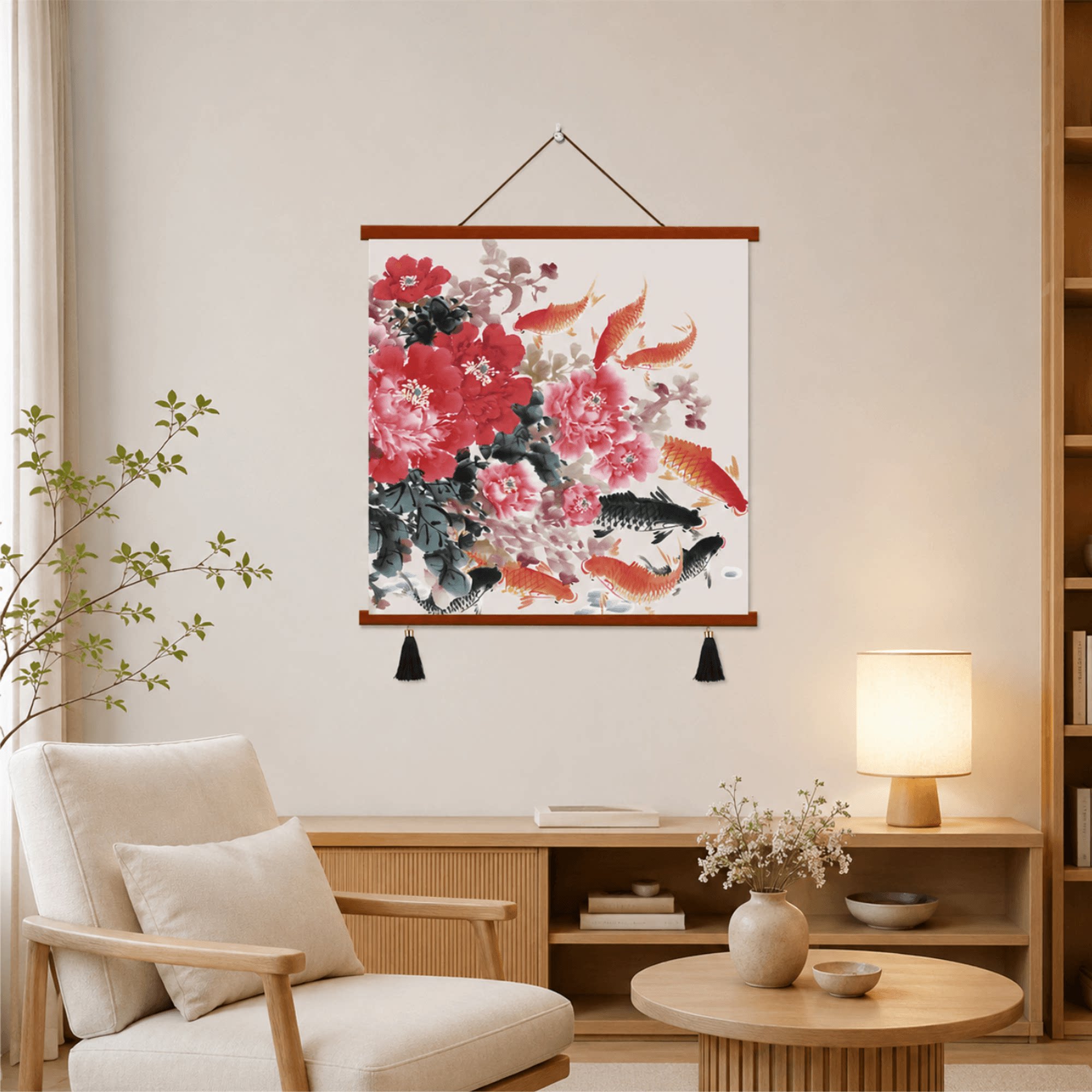 新中式手绘牡丹九鱼图轻奢大气家居客厅玄关餐厅卧室墙面装饰挂画