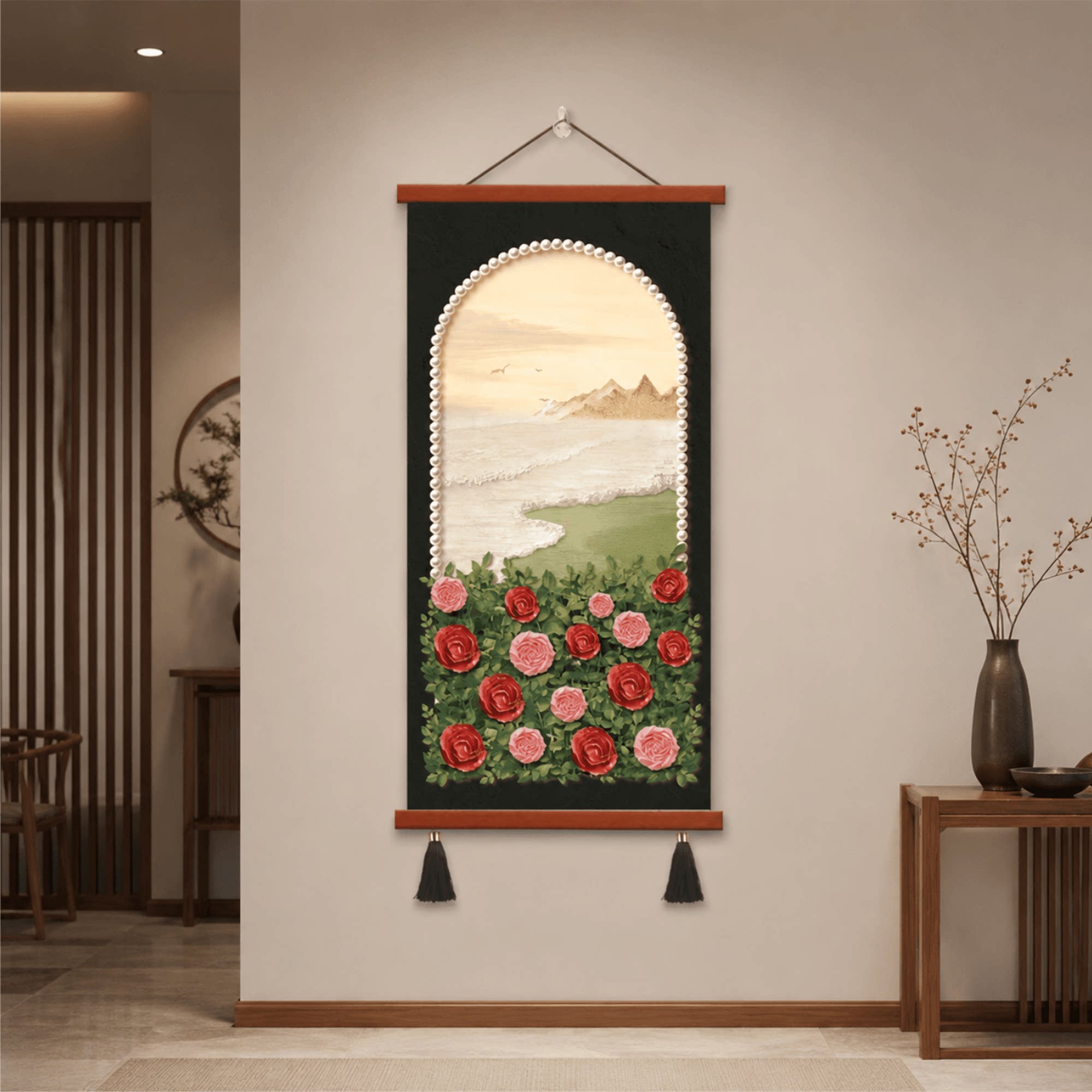 轻奢复古珍珠边框玫瑰海景挂画入户玄关走廊墙面卧室床头装饰壁画