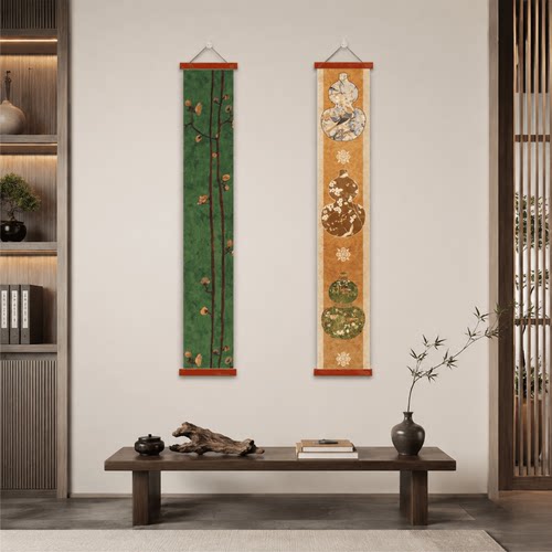 新中式复古禅意书房茶室玄关竖版装饰画梅花葫芦纹样客厅墙面挂画