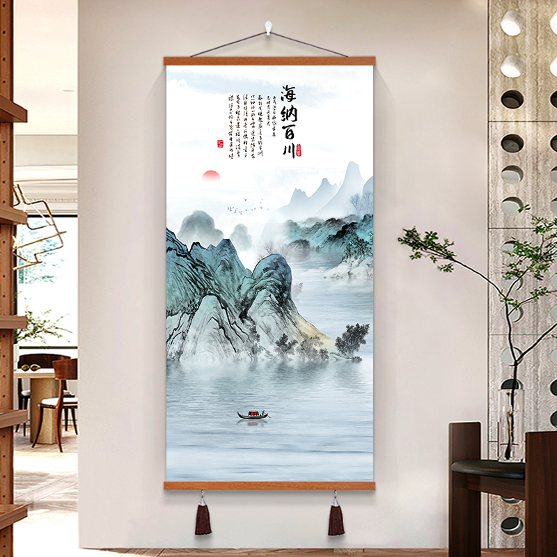 新中式山水风景入户玄关装饰画现代高档壁画客厅走廊过道水墨挂画