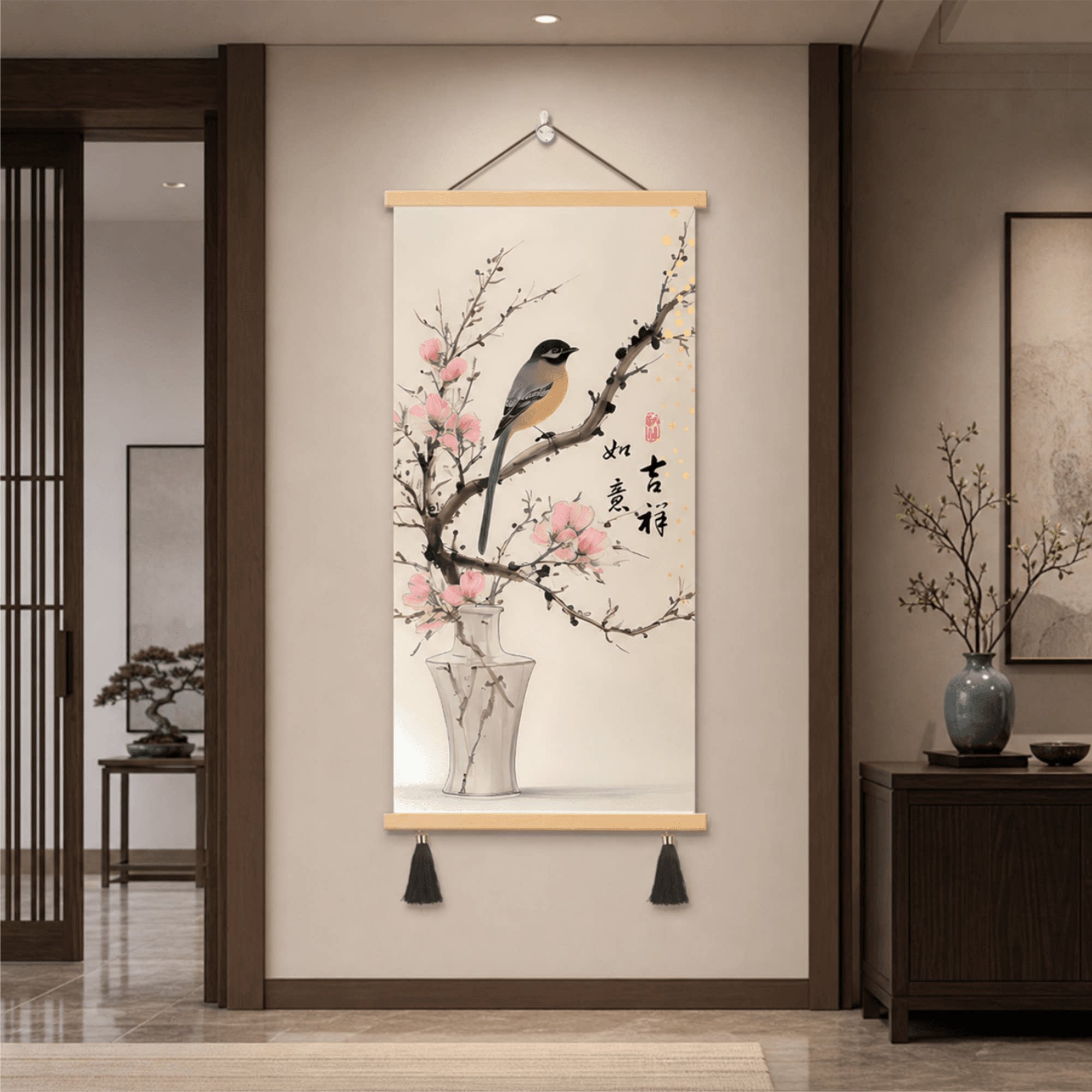 新中式轻奢玄关吉祥如意花鸟玉兰花瓶装饰画客厅走廊书房墙面挂画