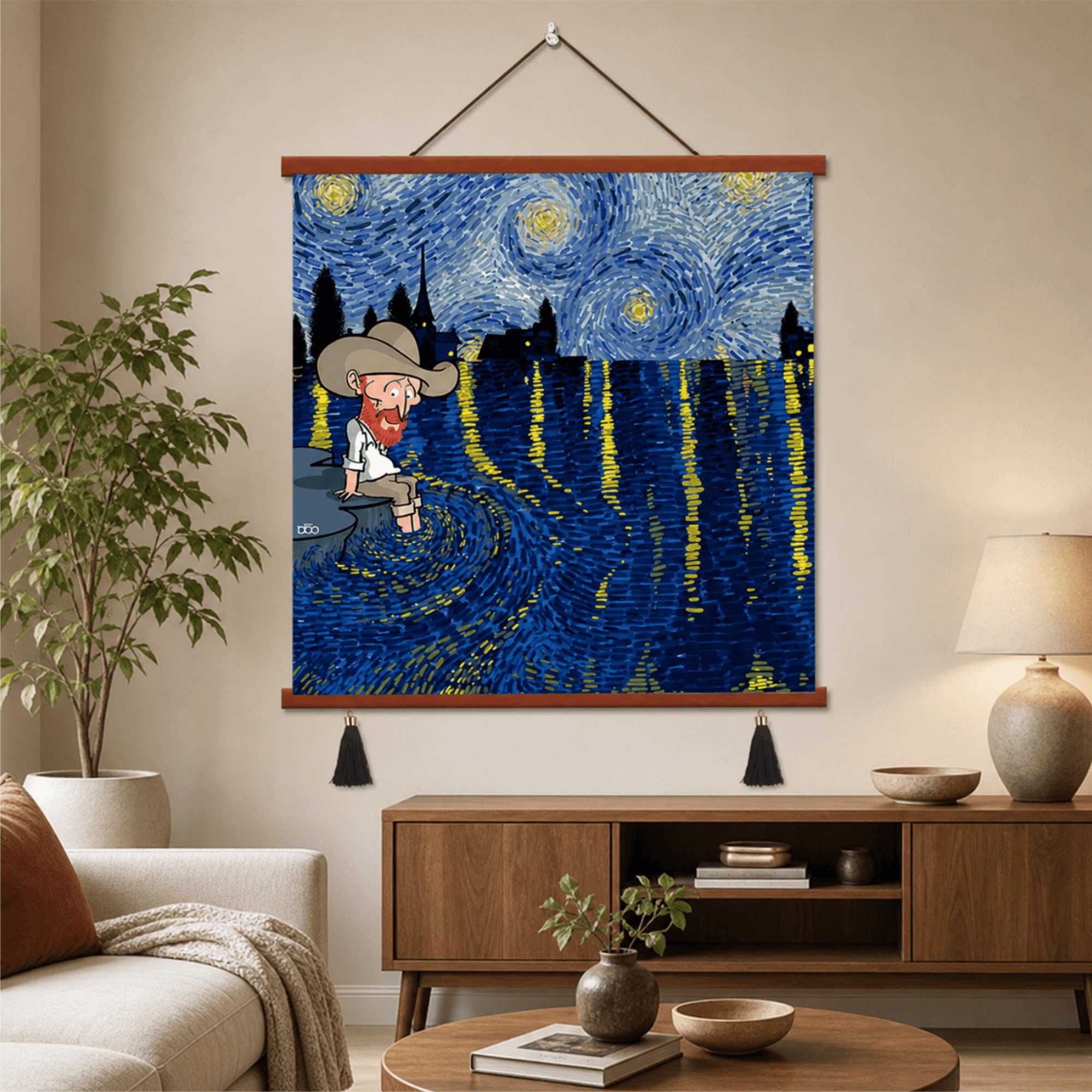复古小众卡通梵高罗纳河星夜创意装饰画客厅卧室玄关墙面装饰挂画