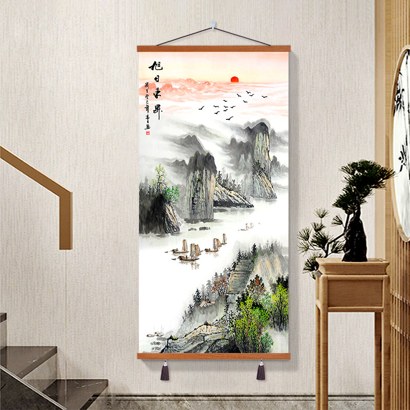 流水生财国画山水画客厅挂画新中式沙发背景墙装饰画办公室墙壁画