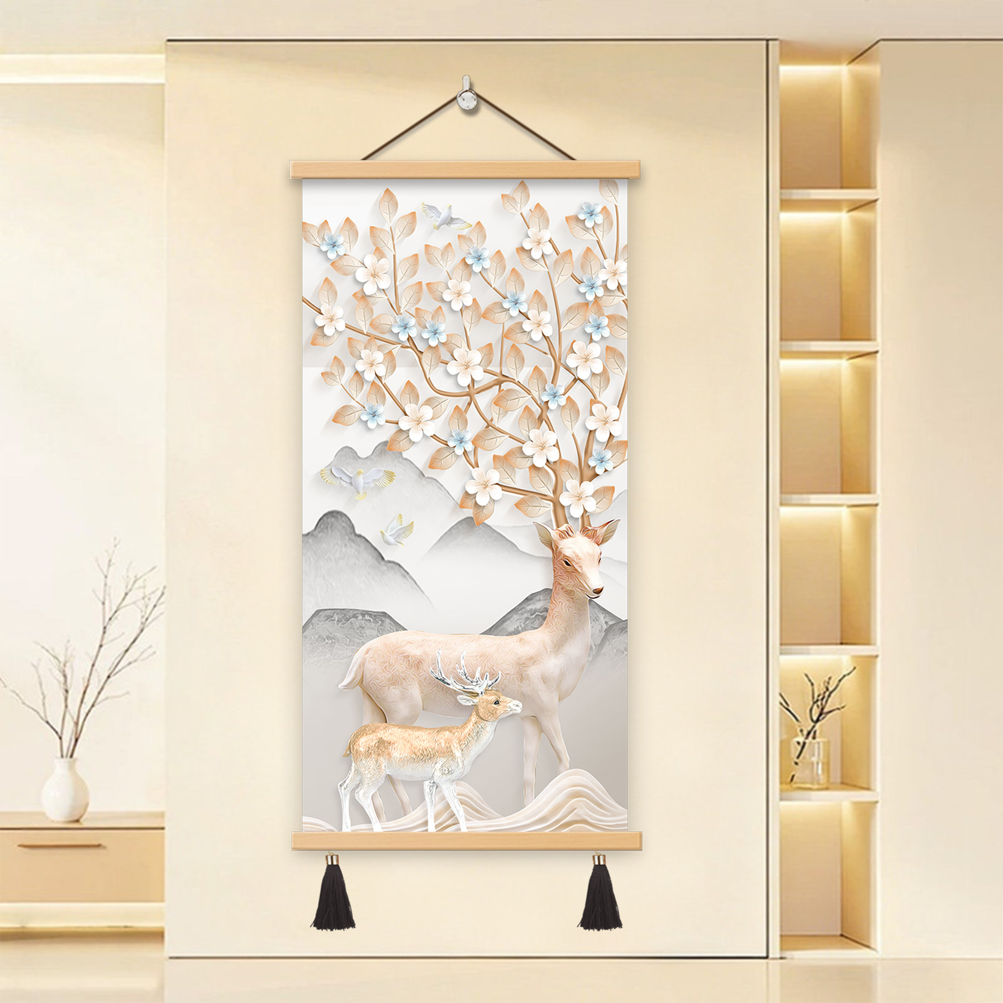 梅花鹿大气寓意好挂画竖版轻奢现代高级感壁画玄幻走廊过道装饰画