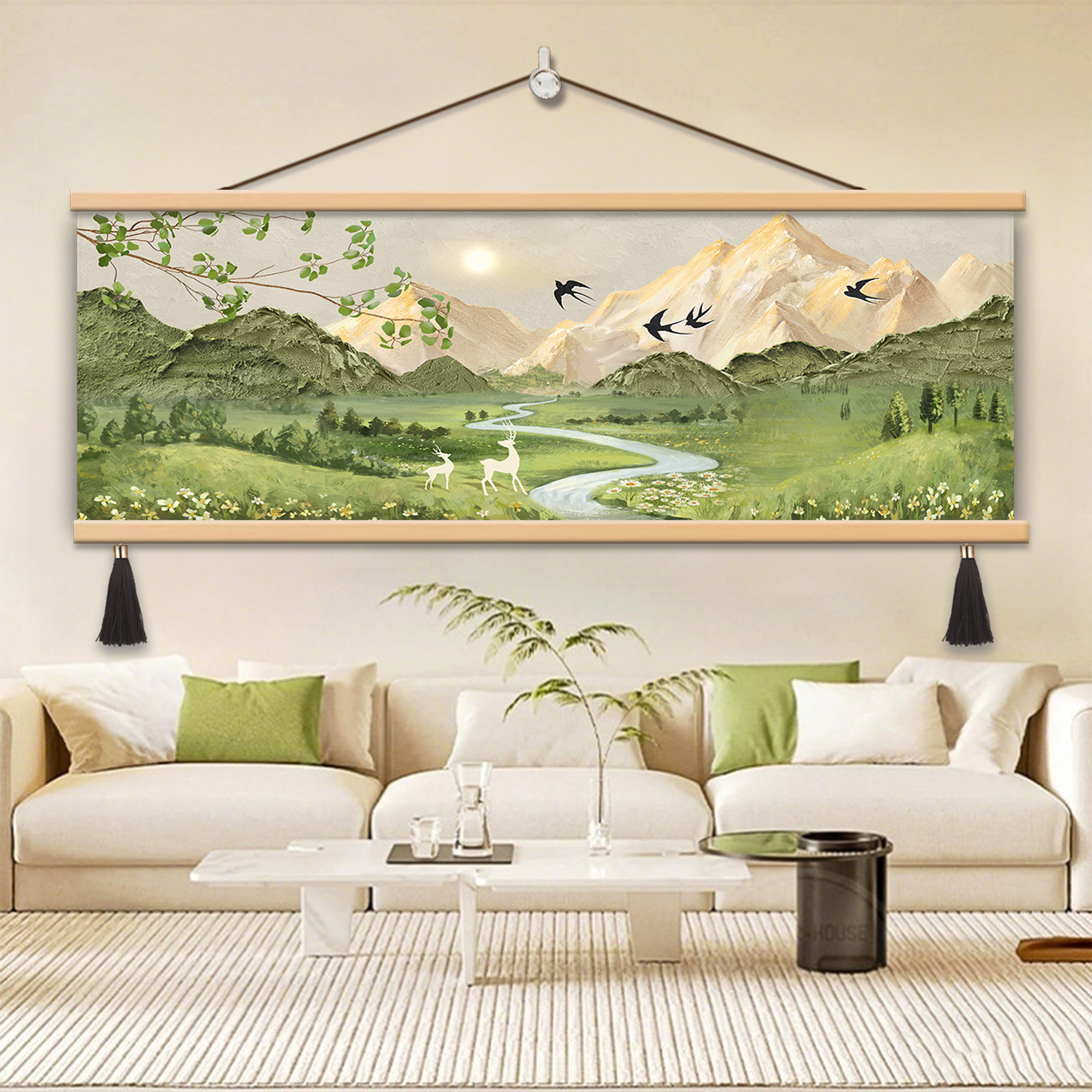 日照金山客厅装饰画横幅山水风景油画沙发背景墙挂画2026新款壁画图片