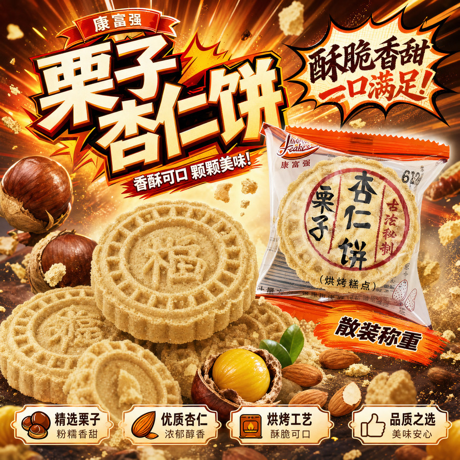 康富强粗粒杏仁饼粒粒大杏仁饼广东特产年货新年招待亲友休闲零食