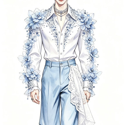 ROKKIHU 法式重工手工立体蓝花钉珠舞台演出服白衬衫