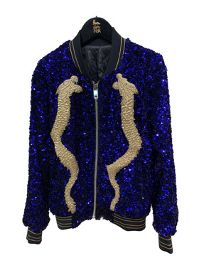 ROKKI HU 法式聚会派对蓝色钻石亮片手工印度丝金属金龙刺绣夹克