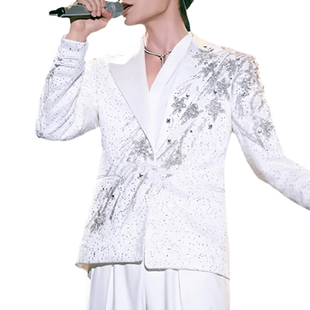 舞台演出礼服闪钻刺绣设计明星同款 男式 白色满天星西装 ROKKIHU