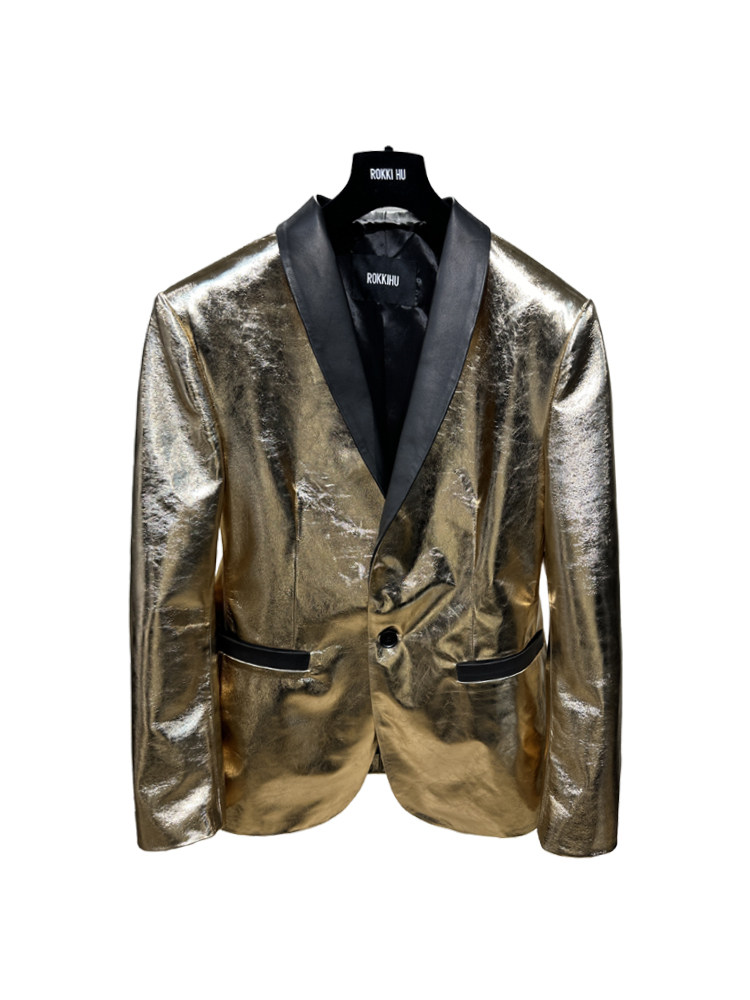 ROKKIHU 单粒扣亮面金色皮革皮衣绵羊皮西服西装外套上衣