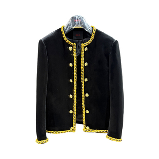 ROKKIHU 法式时尚百搭进口丝绒加手工黑金链条编制宫廷风夹克