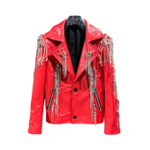 ROKKIHU 法式 小众设计红色羊皮手工铆钉水钻流苏舞台演出皮衣外套