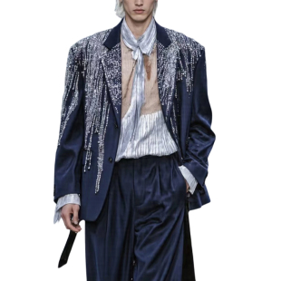 外套银色流苏水钻重工走秀男装 versize深蓝色西装 秀场款 ROKKIHU