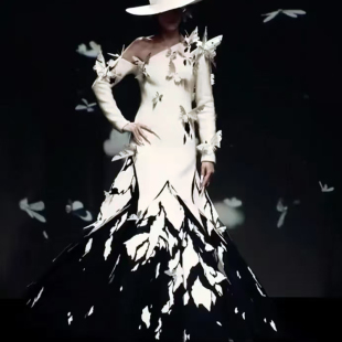 ROKKIHU 刘亦菲同款黑白渐变蝴蝶单肩晚礼服裙女宴会气质长裙