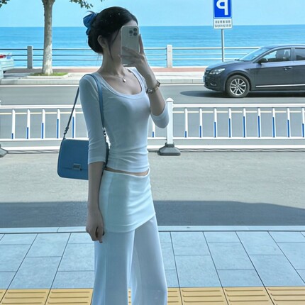 韩系气质一整套ootd穿搭夏季2026新款白色长袖上衣阔腿长裤两件套