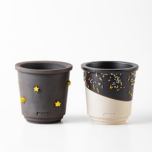 新款天然陶土黑陶花盆创意手工简约客厅阳台庭院绿植物盆器透气盆