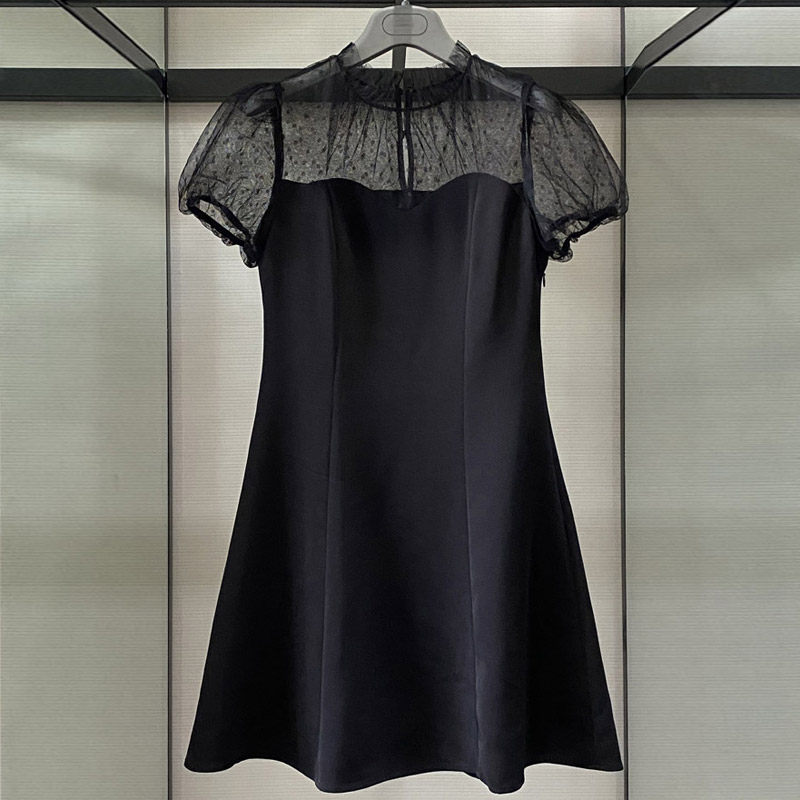 阿玛施旗舰官网2020夏新款女装正品代购圆点显瘦网纱拼短袖连衣裙