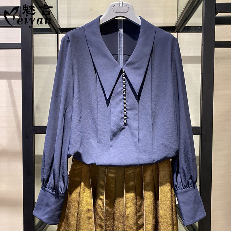 阿瑪施旗舰店官网2020秋款女装专柜正品娃娃领钉珠长袖衬衫衬衣女