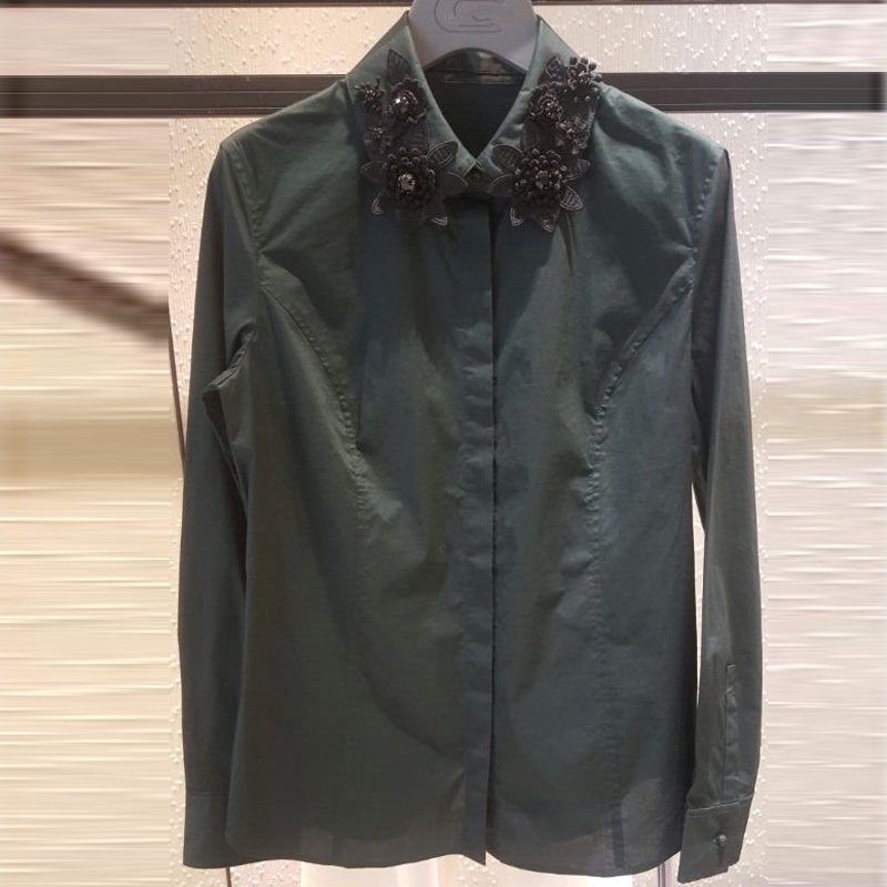 阿玛施旗舰店官网2020新款正品代购百搭修身纯色长袖钉珠衬衫衬衣