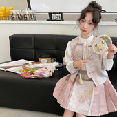 三件套中短裙 春秋汉服国风马甲衬衫 中大微胖女童新中式 马面裙套装