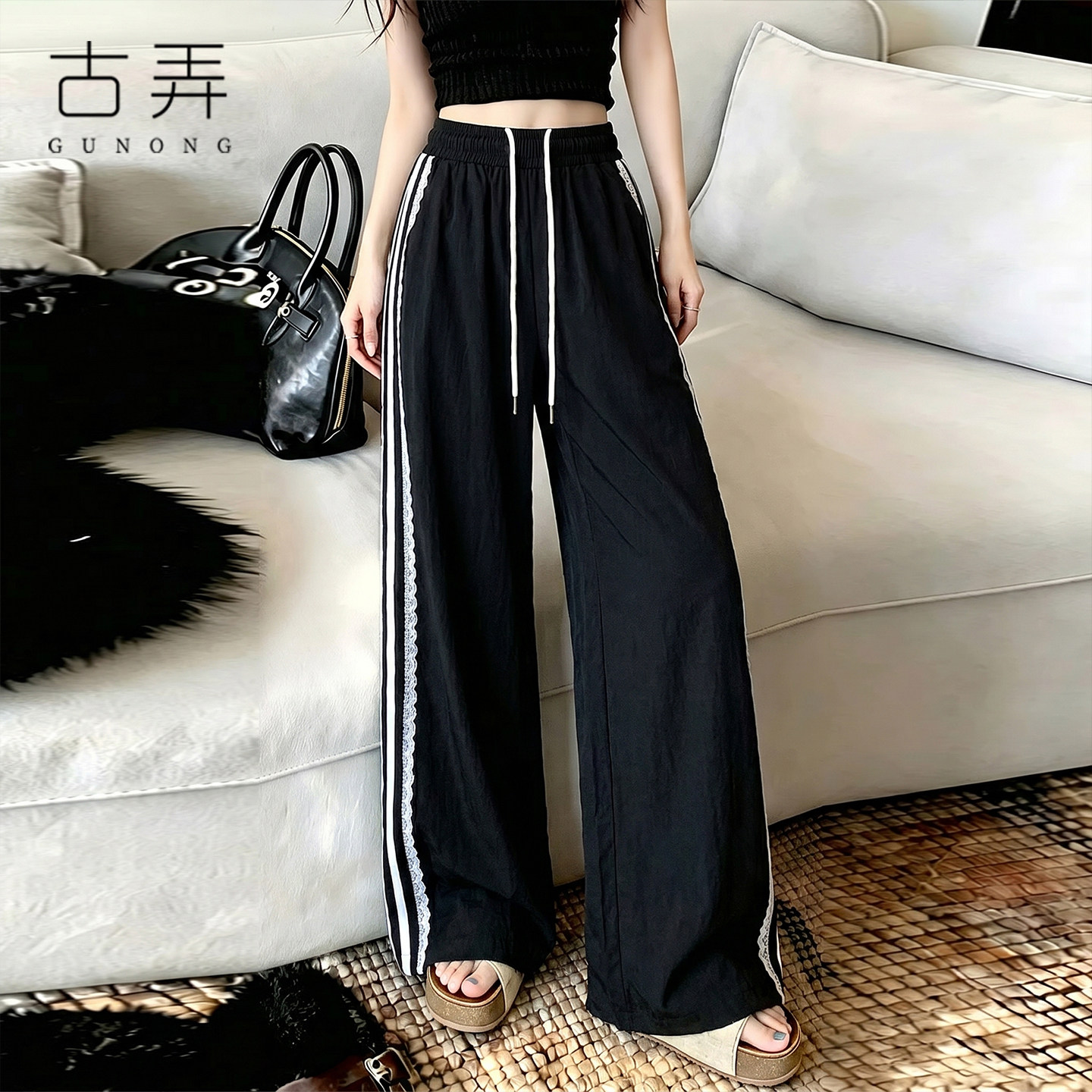 蕾丝边阔腿裤女2026夏季薄款休闲山本三条杠直筒运动超好看长裤子