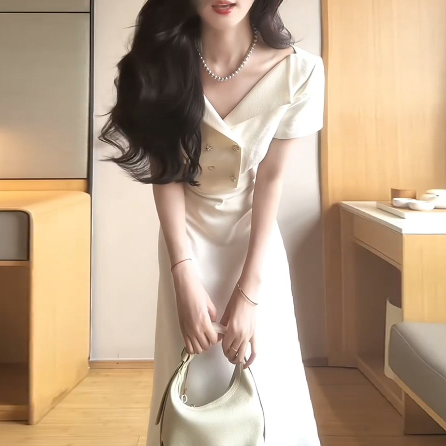 法式优雅气质白色翻领连衣裙子女夏季2026新款绝美漂亮高级感长裙