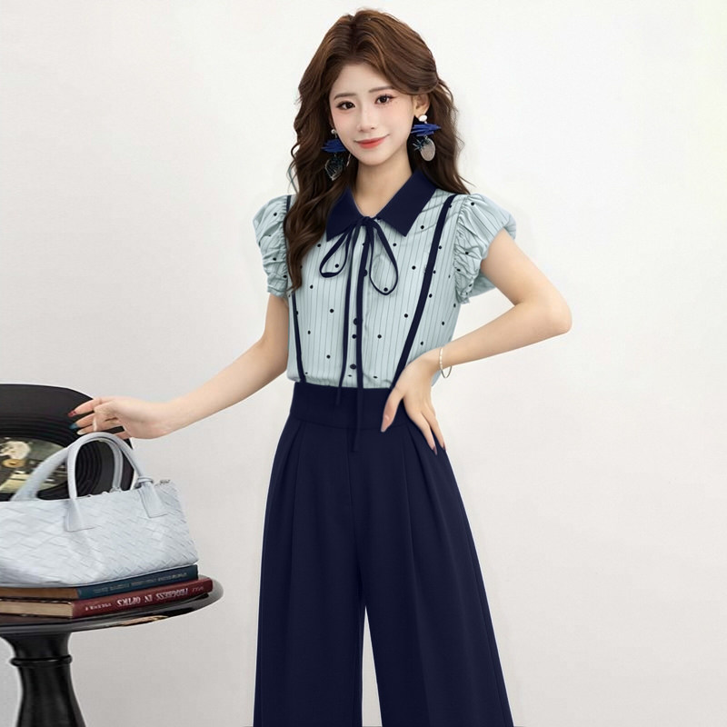 两件套2026夏季新款女时尚气质POLO领波点上衣背带裤子套装D6759