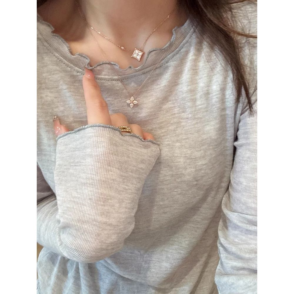 法式灰色木耳边长袖正肩t恤女早秋高级感内搭打底衫短款修身上衣