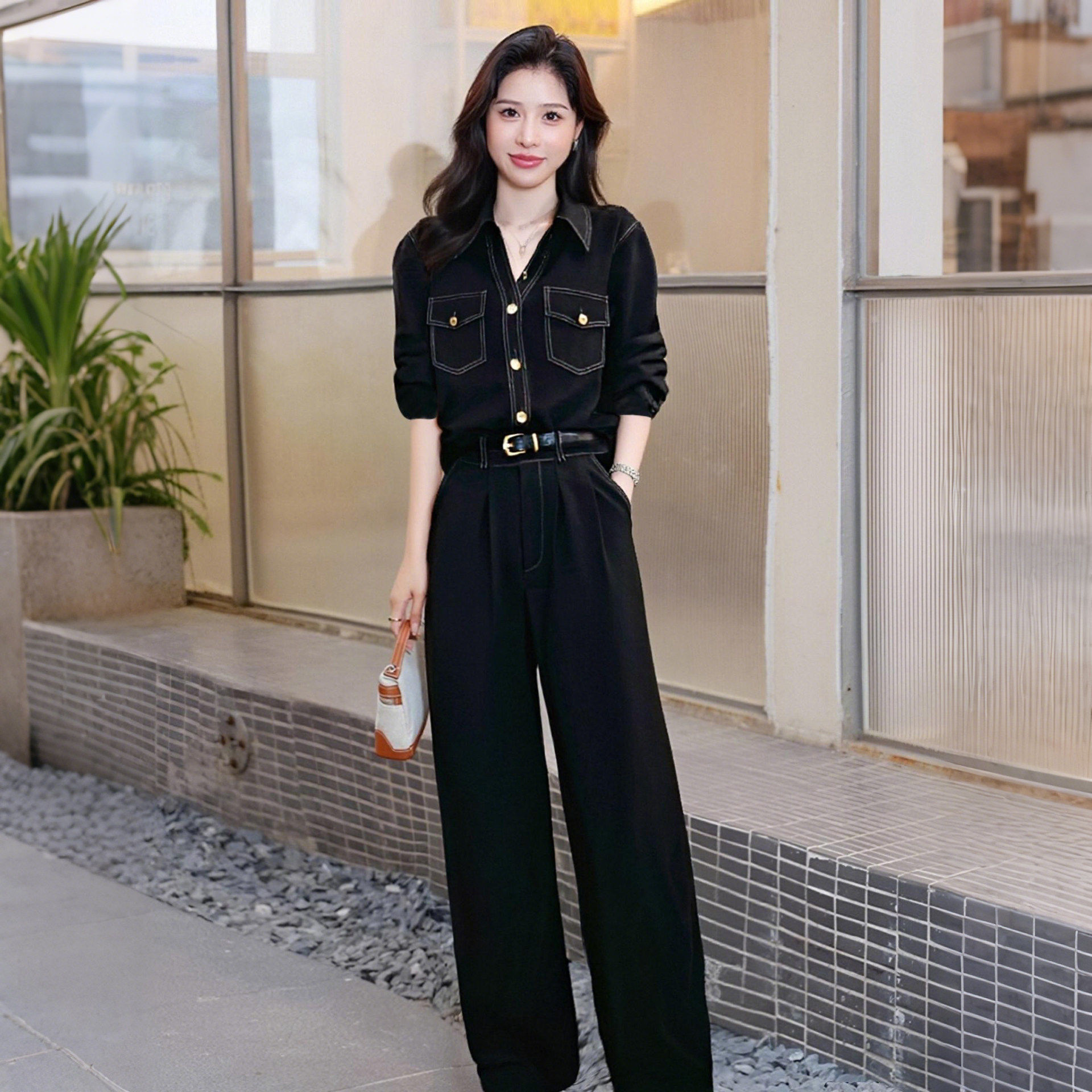 送腰带2026春新款女复古工装风显瘦翻领衬衫高腰阔腿裤套装JT0093