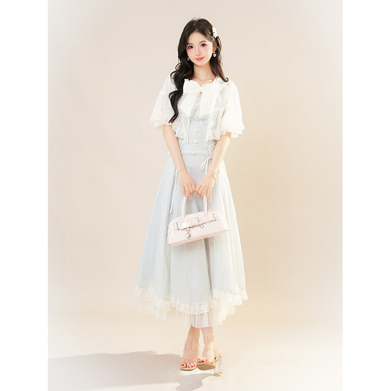 【初夏海棠】夏季新款甜美清新蕾丝蝴蝶结浅蓝色连衣裙女