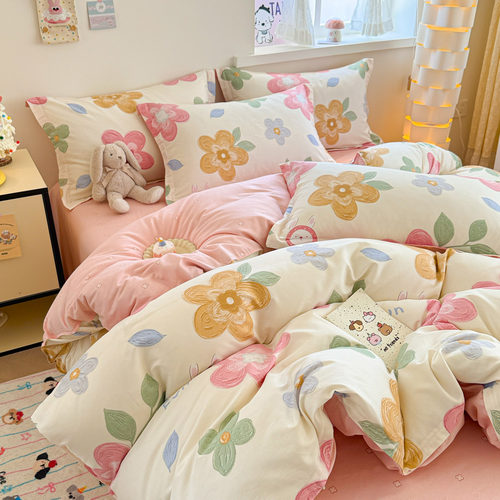 床上纯棉四件套180x200cm100全棉被套被罩床单三件套学生宿舍×米