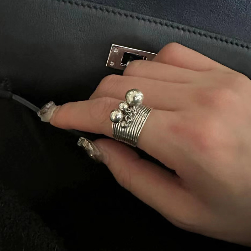 网红欧阳同款肌理感做旧复古开口可调节铃铛戒指女小众设计珠子球