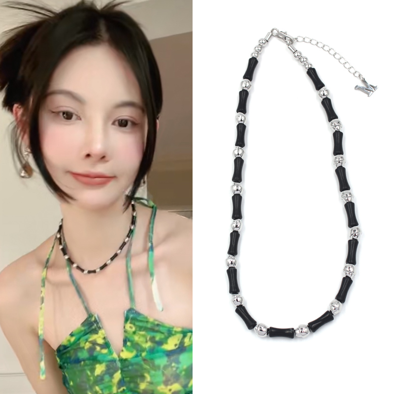 网红MONA黑色天然石竹节项链女夏