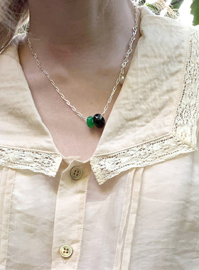 网红黑绿玉石平安扣项链国潮复古