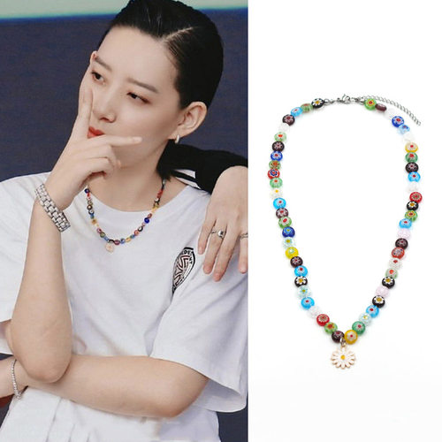 李斯丹妮周雨彤同款彩色串珠琉璃小花雏菊项链多巴胺糖果色配饰夏