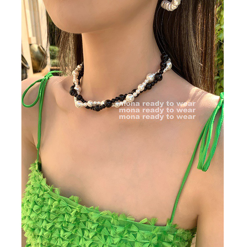 MONA张绮贤同款黑白玻璃珠项链女